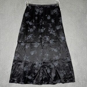 Whimsygoth Black Floral Satin Maxi Skirt Size 12 Flowy A-Line Zipper Closure